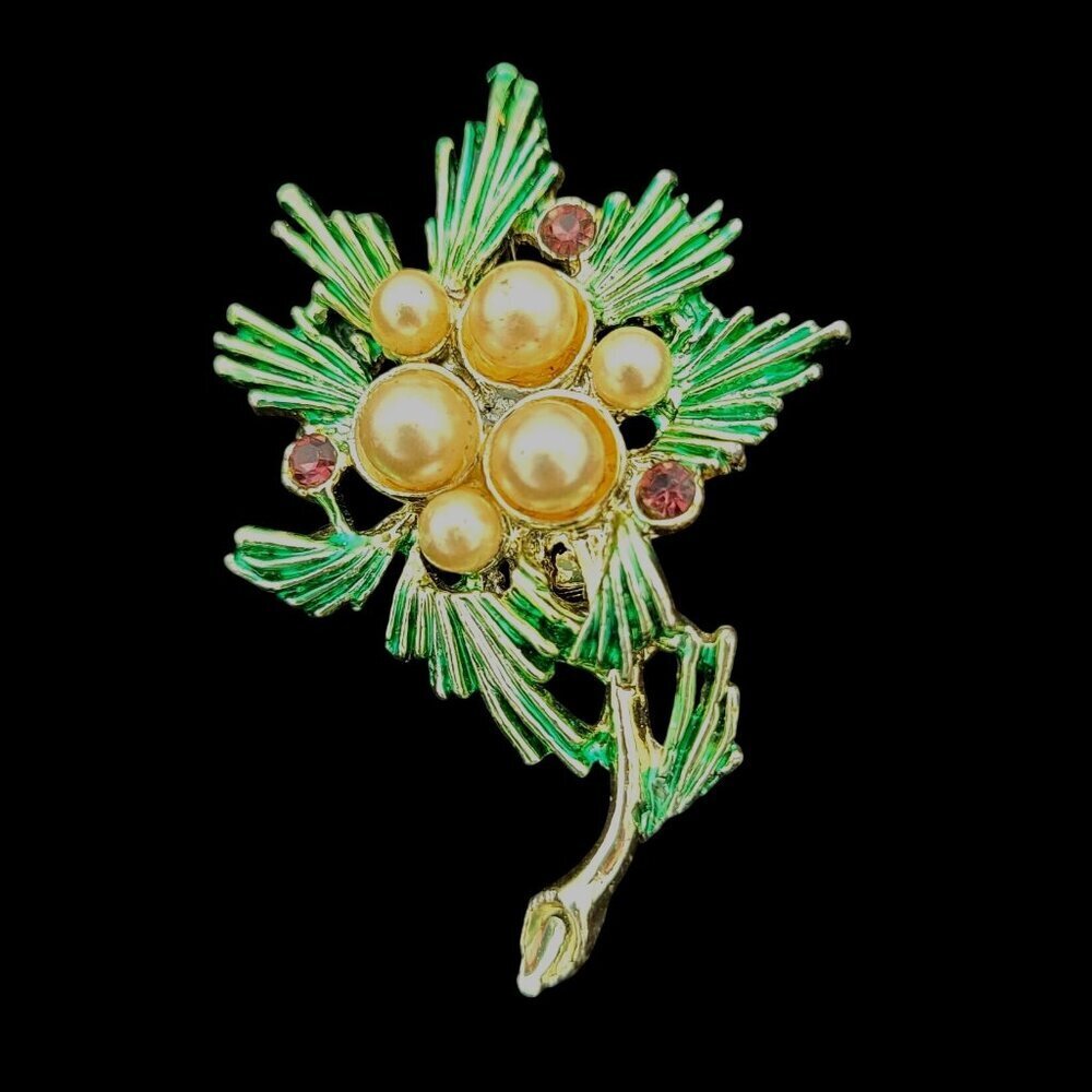 Vintage Gold-Tone Pine Bough & Pearl Brooch Pin Green Enamel Red Rhinestones